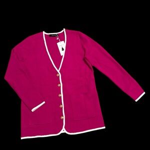 Pink Cardigan White Trim Long Sleeves Gold Buttons V-neck Medium New with Tags